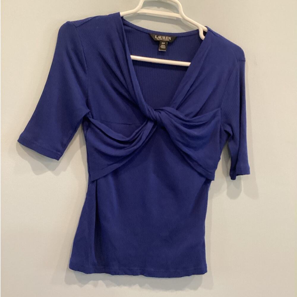 Ralph Lauren Womens Babydoll Top Size Small S Blue Black Label Twisted Front 90s